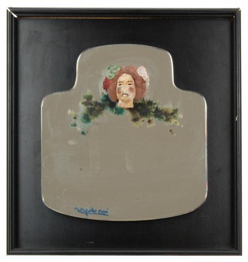 RAMÓN AGUILAR MORE (1924-2015) FEMALE HEAD ON PAINTED WOOD ON MIRROR