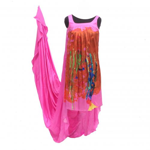 JOSEP FONT (1967) FUSCHIA PINK PRINTED EVENING DRESS.