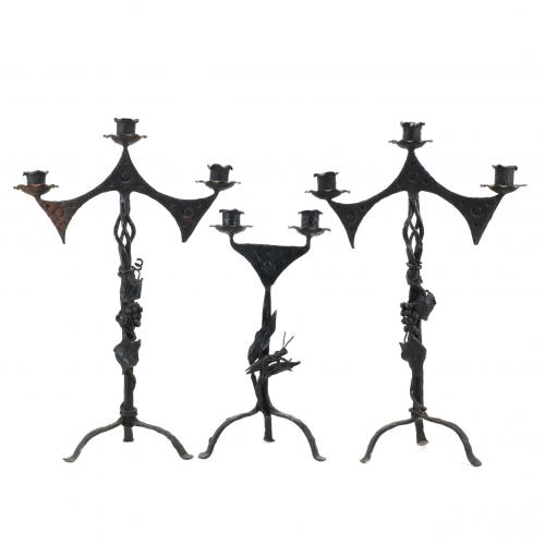 PAIR OF SPANISH CANDELABRAS AND A CANDELABRA, MID C20th.