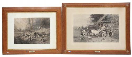 PAIR OF LITHOGRAPHIC PRINTS FROM ENGRAVINGS AFTER OTTO WEBER Y OLIVIER CHARLES DE PENNE.  "GREEDY CALVES" AND  "HUNTING SCENE"