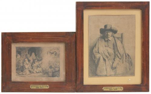 PAIR OF REMBRANDT ENGRAVINGS, C19th. "THE ANGEL LEAVING TOBIAS AND HIS FAMILY" AND "SELF PORTRAIT".