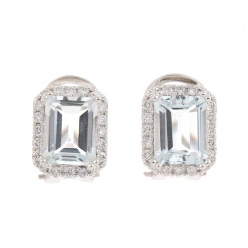 ROSETTE DIAMOND AND AQUAMARINE EARRINGS.