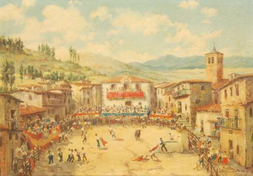 FRANCISCO PRADILLA (1848-1941). " FIGHT WITH YOUNG BULLS IN