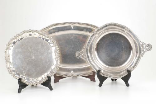 TWO SILVER ENGRAVED AND DECORATED SPANISH JUGS, SALVER, TRA