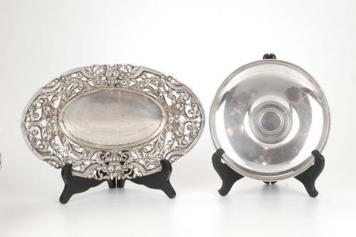 TWO SILVER ENGRAVED AND DECORATED SPANISH JUGS, SALVER, TRA