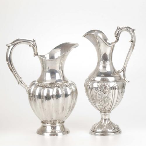 TWO SILVER ENGRAVED AND DECORATED SPANISH JUGS, SALVER, TRA