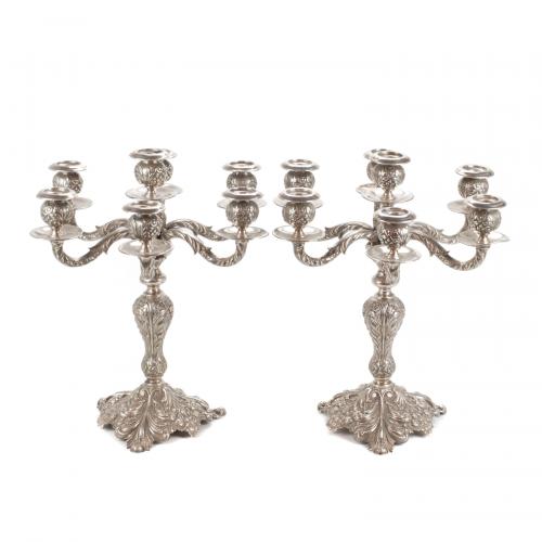 PAIR OF SPANISH SILVER CANDELABRAS, MID C20th.