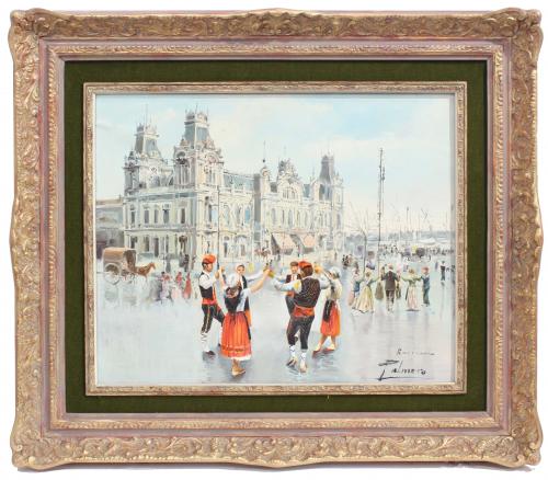 ALFREDO PALMERO DE GREGORIO, "MAESTRO PALMERO" (1901-1991). "DANCING THE TRADITIONAL SARDANAS IN FRONT OF THE DEPARTMENT OF WORKS AT THE PORT OF BARCELONA".