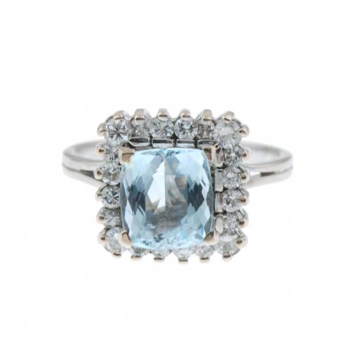 AQUAMARINE AND DIAMOND ROSETTE RING.