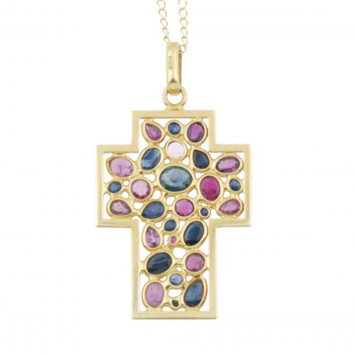GOLD AND COLOURED STONE CROSS PENDANT.