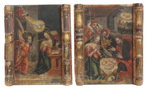 SPANISH SCHOOL, C17th. PANEL "THE ANNUNCIATION" & "THE BIRTH".