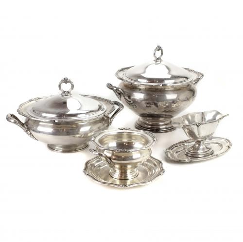 SET OF TWO BARCELONA SILVER SOUP TUREENS AND TWO SAUCE BOATS, MID C20th.