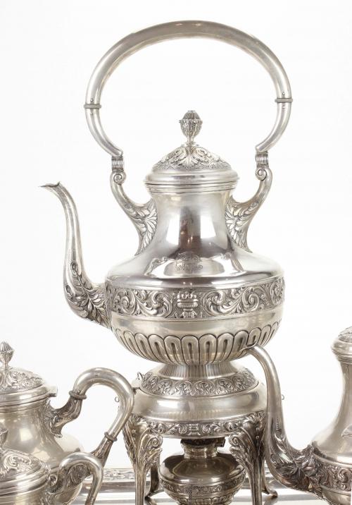 LARGE SPANISH SILVER COFFEE AND TEA SET WITH SAMOVAR, MID C