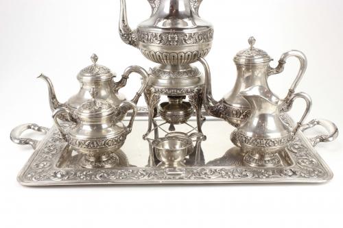 LARGE SPANISH SILVER COFFEE AND TEA SET WITH SAMOVAR, MID C