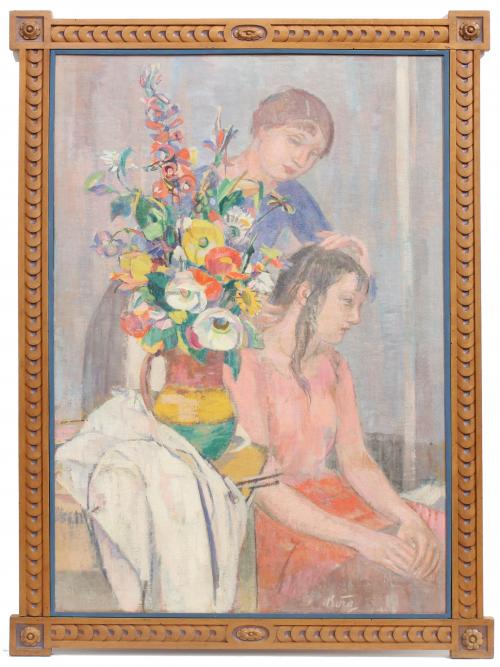 PAU ROIG (1879-1955). "BRUSHING HER DAUGHTER'S HAIR".