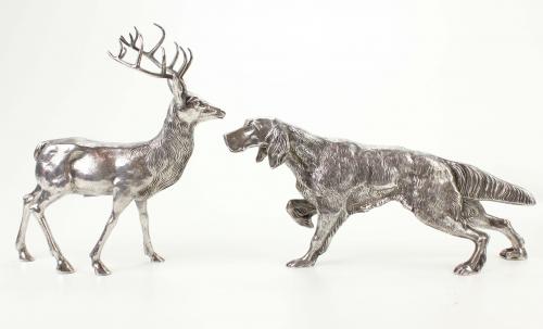 SPANISH CRUET OF VINAIGRETTE BOTTLES, PLATE, DOG AND STAG,