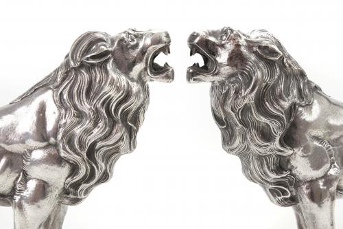 PAIR OF SPANISH SILVER LIONS, MID C20th.