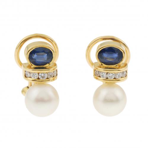 PENDIENTES CON ZAFIRO, DIAMANTES Y PERLA.