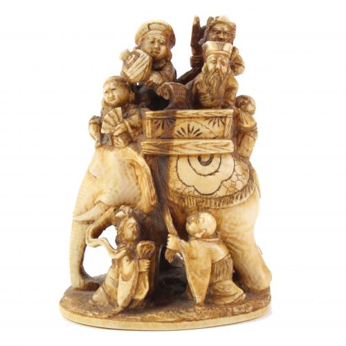 JAPANESE SCHOOL, MEIJI PERIOD, C19th.  ELEPHANT IVORY NETSUKE REPRESENTING THE SEVEN GODS OF FORTUNE OR SICHIFUKUJIN. 