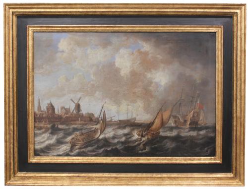 ESCUELA FLAMENCA, CIRCA 1650-1670, SIGUIENDO MODELOS DE BONAVENTURA I PEETERS (1614-1652). "BARCOS EN LA TEMPESTAD CON CIUDAD AL FONDO".