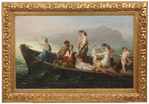 ESCUELA EUROPEA, SIGLO XIX. "ESCENA ROMÁNTICA CON PERSONAJES EN BARCA".
