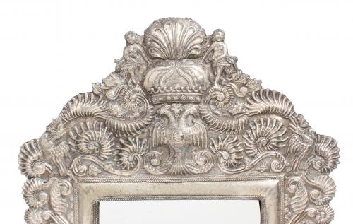 WALL MIRROR WITH SILVER FRAME, PROBABLY MEXICAN OR SOUTH AM