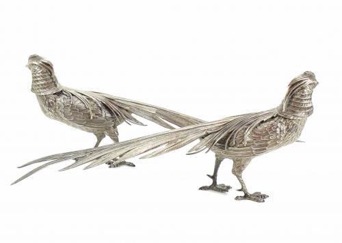 PAIR OF SPANISH SILVER PHEASANTS, MID 20TH CENTURY.