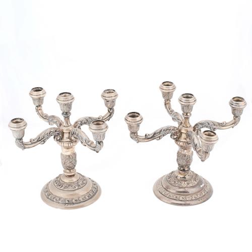 PAIR OF SPANISH SILVER CANDELABRAS, C20th.