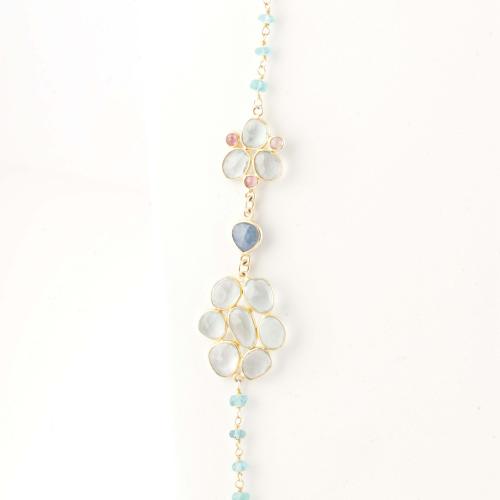 SILVER PENDANT WITH BLUE TOPAZ AND PINK SAPPHIRE CHAIN.