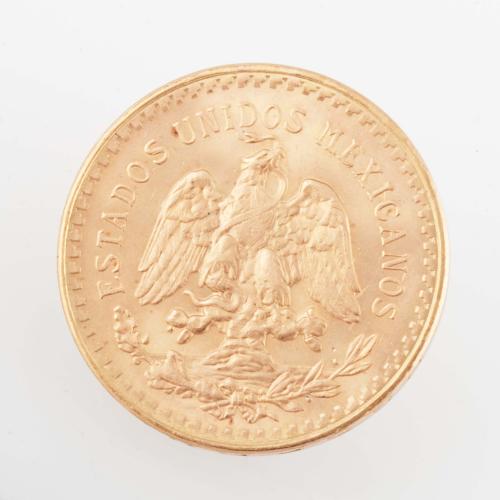 MEXICAN FIFTY PESO GOLD COIN.