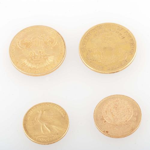 THREE GOLD AMERICAN COINS AND ONE MEXICAN.