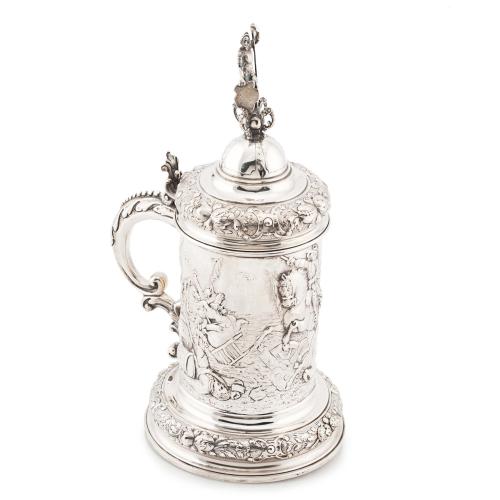 WEINRANCK & SCMIDT. EMBOSSED SILVER TANKARD. HANAU GERMANY,