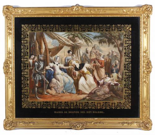 CONJUNTO DE SEIS MARCOS DEL SIGLO XIX EN MADERA TALLADA Y DORADA CON LITOGRAFÍAS SOBRE LA VIDA DE LA REINA ISABEL LA CATÓLICA.