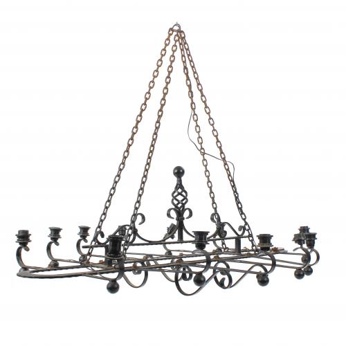 ATTRIBUTED TO VALENTÍ. LARGE SPANISH WROUGHT IRON CEILING LAMP, MID 20TH CENTURY.
