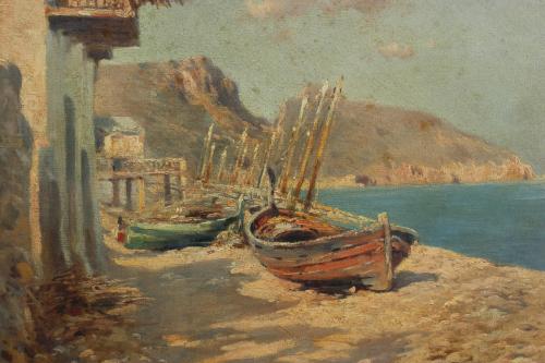 GENARO PALAU (1868-1933). "BARCAS EN LA PLAYA DE ALTEA". 