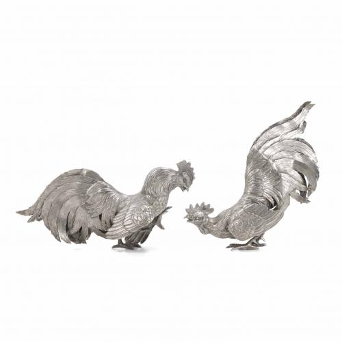 PAREJA DE GALLOS EN PLATA, SIGLO XX. , PAREJA DE GALLOS EN PLATA, SIGLO XX. ,
