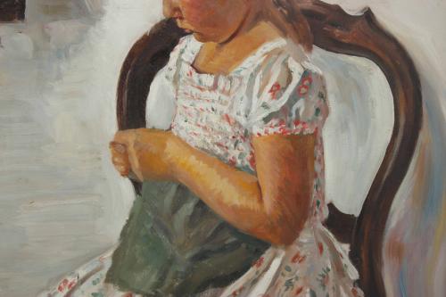 JOSEP OBIOLS PALAU (1894-1967). "NIÑA COSIENDO", 1942.  