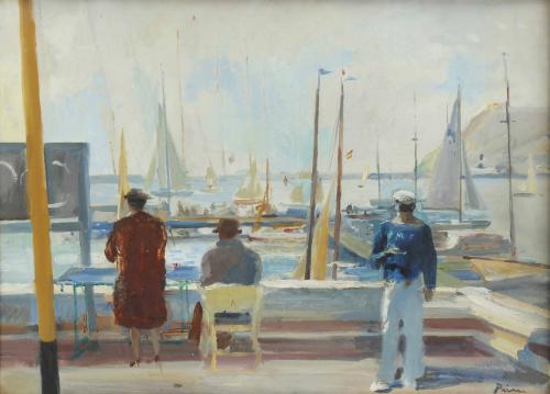JOSEP MARIA PRIM GUYTO (1907-1973). "BARCELONA PORT WITH MONTJUIC IN THE BACKGROUND".