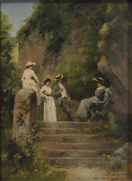 MARIE AIMÉE LUCAS-ROBIQUET (1858-1959). "CONVERSATION IN A PARK", 1889.