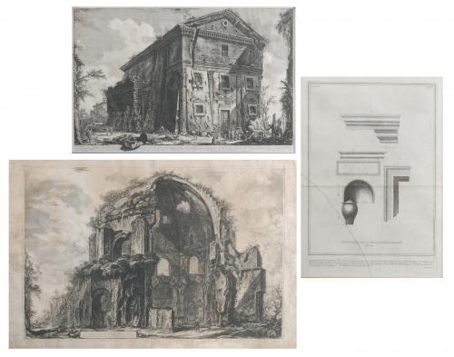 GIOVANNI BATTISTA PIRANESI (1720-1778) AND GIROLAMO ROSSI (1682-1762). "THREE PRINTS: VIEW OF THE TEMPLE OF MINERVA, VIEW OF THE TEMPLE OF BACCHUS, AND SHEET WITH ORNAMENTAL DETAILS OF THE SEPULCHRAL CHAMBER OF THE FREEDMEN AND SERVANTS OF THE AUGUSTUS FAMILY". 