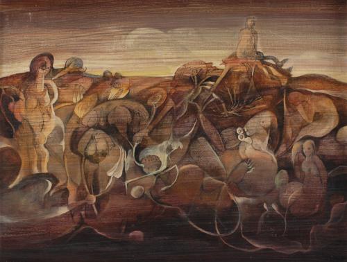 A. CAZOTTES (SIGLO XX).  "PAISAJE FANTÁSTICO CON CRIATURAS", 1980.