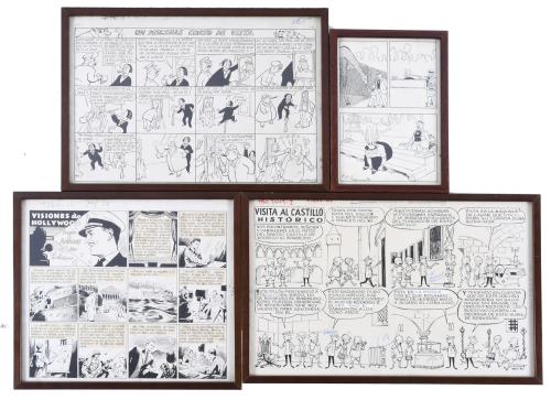 FOUR ORIGINAL ILLUSTRATIONS FOR COMIC STRIPS.