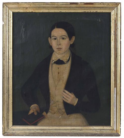 ESCUELA ESPAÑOLA, SIGLO XIX. "RETRATO DE UN JOVEN CON LIBRO".