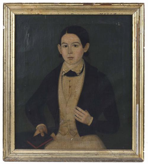 ESCUELA ESPAÑOLA, SIGLO XIX. "RETRATO DE UN JOVEN CON LIBRO