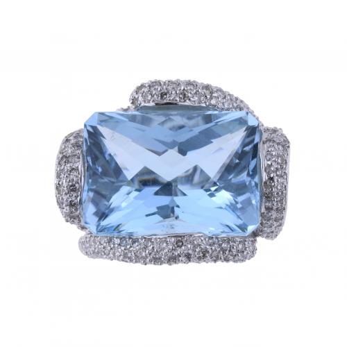 BLUE TOPAZ AND DIAMONDS LARGE RING.