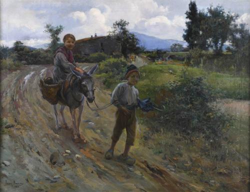 JOAN BAIXAS I CARRETER (1863-1925). "CHILDREN WITH A DONKEY