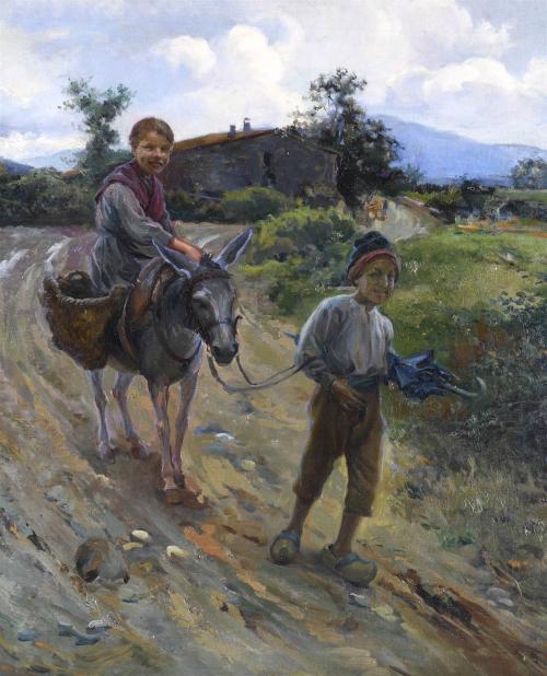 JOAN BAIXAS I CARRETER (1863-1925). "CHILDREN WITH A DONKEY
