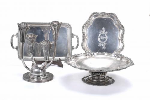 CENTREPIECE, CANDLESTICK AND TWO SPANISH TRAYS IN SILVER, M