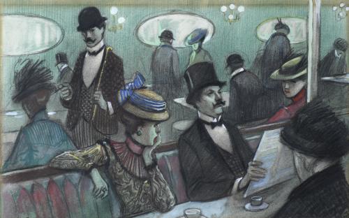 ALFRED OPISSO CARDONA (1907-1980). "ESCENA EN UN CAFÉ". 