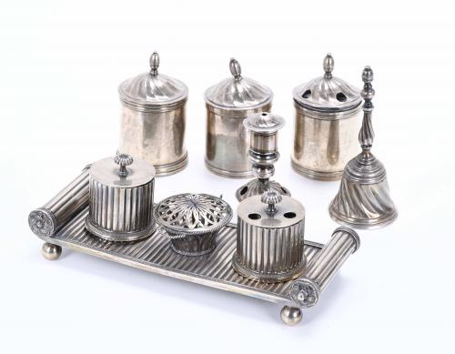 INKSTAND, SET OF THREE INKWELLS AND A TRAY, PROBABLY 19TH C